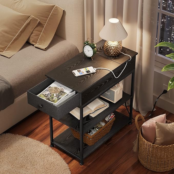 WLIVE Narrow Side Table with 2 USB Ports and 2 Outlets, Flip Top End Table with Drawer and Storage Shelves, End Stand with Charging Station for Living Room, Bedroom, Small Spaces,Black