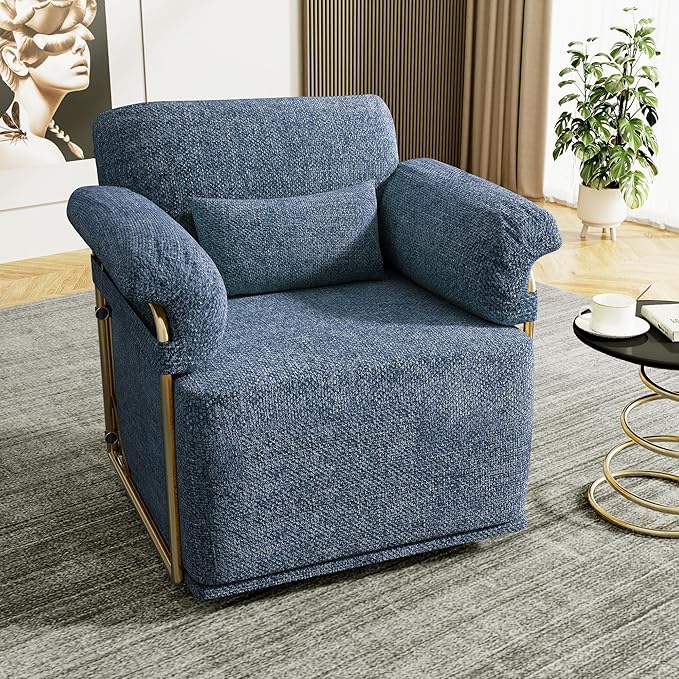 KEIKI Modern Comfy Swivel Accent Reading Chair with Waist Pillows, 360°Square Upholstered Barrel Armchair Single Club Lounge Sofa Chairs for Living Room,Bedroom,Office,Blue