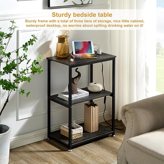 VECELO Tall End Table with Charging Station, Side Table with USB Ports and Outlets, 30" Height Nightstand with 3-Tier Storage Shelf for Living Room Bedroom Office Hallway Study