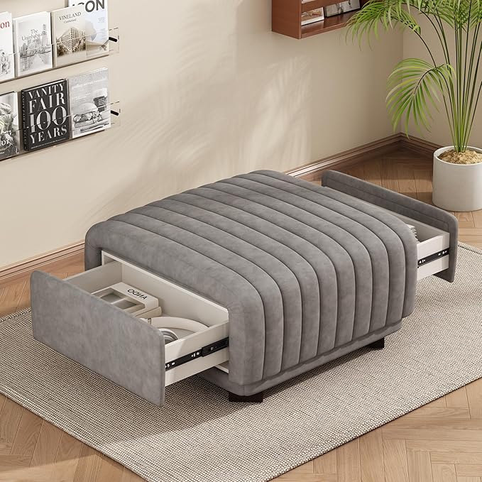 Christopher Knight Home Reyno Upholstered Ottoman with Storage for Living Room, Faux Leather Storage Ottoman Foot Rest with Side Drawers, Modern Square Coffee Table with Wooden Frame, Grey