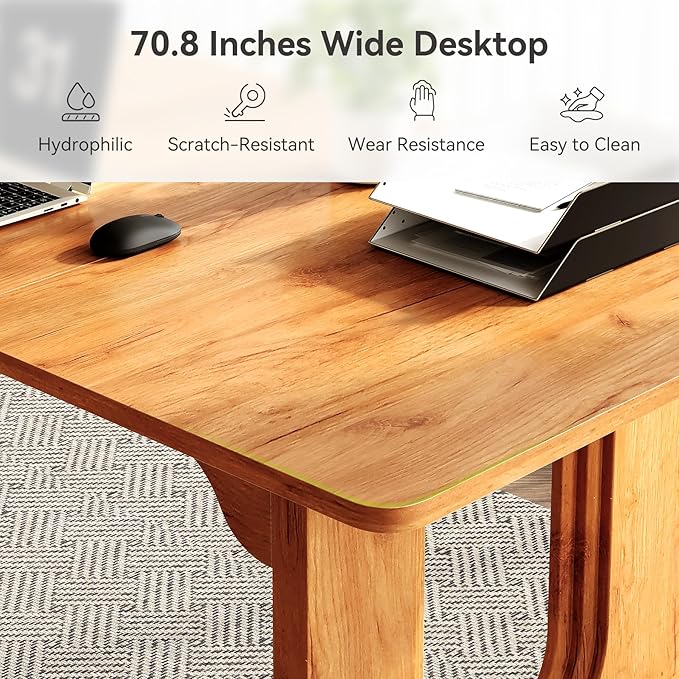 LITTLE TREE 70.8-Inch Home Office Desk, White Computer Desk with Storage, Study Writing Work Desk for Home Office, Spacious Modern Simple Desk, Brown