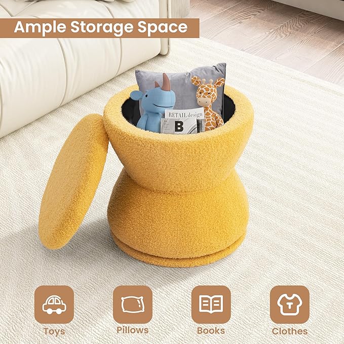 Ottoman with Storage, 360° Swivel Boucle Ottoman Vanity Stool, Upholstered Footstool with Storage Removable Lid, Modern Round Boucle Footrest Coffee Table for Living Room, Dorm, Makeup Room, Yellow