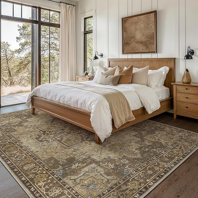 GENIMO 5x7 Area Rugs for Living Room, Machine Washable Non Slip Vintage Rugs, Low Pile Lightweight Chenille Print Rug for Bedroom, Dining Room, Home Office,Rustic Brown
