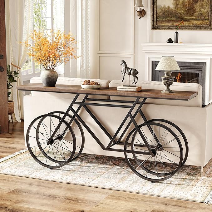 LITTLE TREE Narrow Sofa Table, 70.9-Inch Extra Long Console Table for Living Room, Entryway, with Unique Bicycle Metal Base. Rustic Brown
