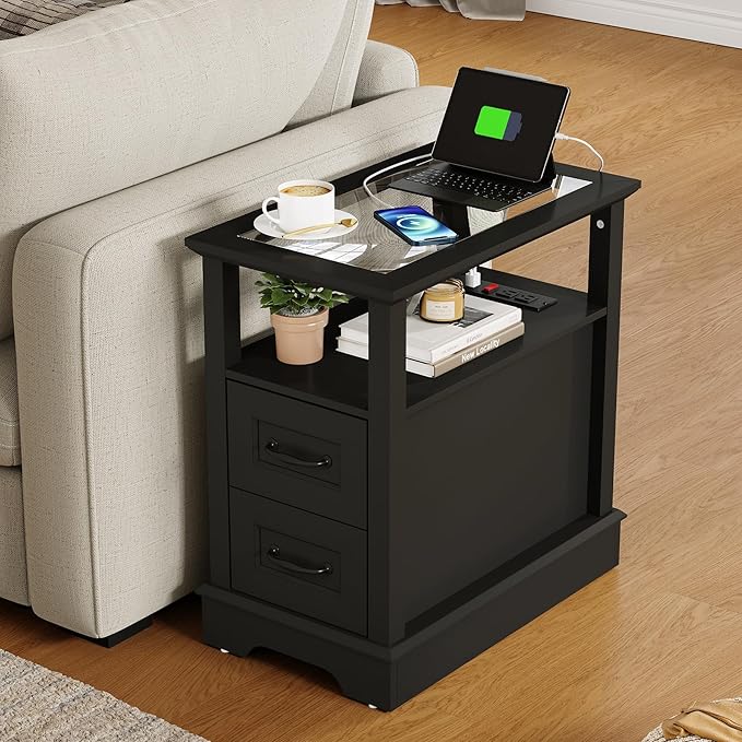 LINSY HOME End Table with Charging Station, Narrow Sofa Couch Side Table with Storage Drawers, Wooden Bedside Table for Living Room, Slim Nightstand for Small Space, Glass Top, Black