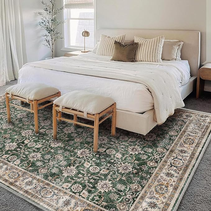 Washable Area Rug 4'x6' Vintage Traditional Floor Cover Foldable Thin Rugs Retro Kitchen Indoor Distressed Non Slip Carpet Floral Print Mat Bedroom Living Room