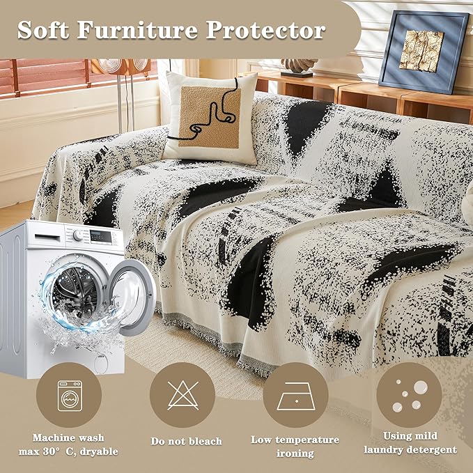 MYSKY HOME Sectional Couch Cover Black Boho Geometric Sofa Covers for Sectional Sofa L Shape Chenille Couch Protector for Dogs Pets Couch Throw Cover Washable Durable for Home Decor, 71" X118"