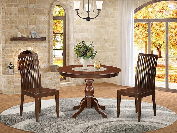 East West Furniture HBIP3-MAH-W 3 Piece Dining Table Set for Small Spaces Contains a Round Dining Room Table with Pedestal and 2 Wood Seat Chairs, 42x42 Inch, Mahogany