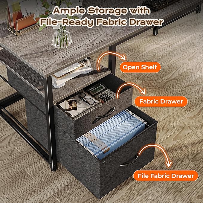 PRAISUN 63 Inch L Shaped Desk with Power Outlets and USB-C Port, Computer Corner Home Office Desk with File Fabric Drawers and Movable Monitor Stand, Larger Storage, Gaming, Writing, Work, Grey