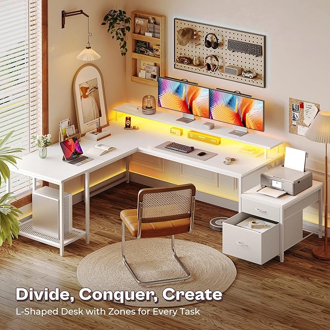 PRAISUN 66 Inch L Shaped Computer Desk with Power Outlets and LED Lights, Home Office Desk with Fabric Drawers and Print Stand, L Shape or Long Set up, Monitor Stand, Mesh CPU Stand, White