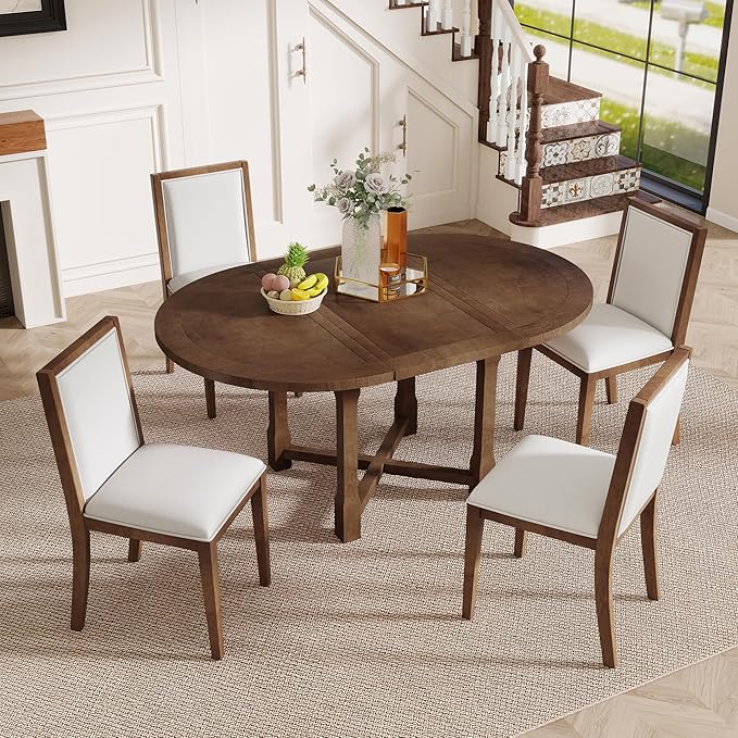 Merax 5-Piece Extendable Dining Table and 4 Upholstered Chairs, Round Oval Dining Table Set for 4, Wood MDF Kitchen Table Set with Removable Leaf for Dining Room, 42" to 58" (Brown)