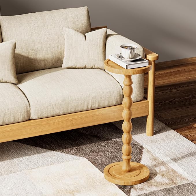Solid Wood Drink Table, Rubber Wood‌ Small Round Side Table for Small Spaces, Martini Tables, Pedestal End Tables for Living Room, Bedroom, Corners, and Office (Natural, 9.4 inch)
