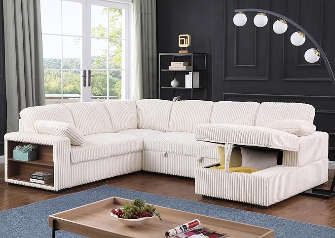 Eafurn Oversized Convertible U Shaped Sleeper Sectional Sofa Pull Out Couch Bed, 6 Seater Corduroy Upholstered Pullout Lounge Sofa Couch Sofabed w/Storage Chaise, Shelves for Living Room Apartment