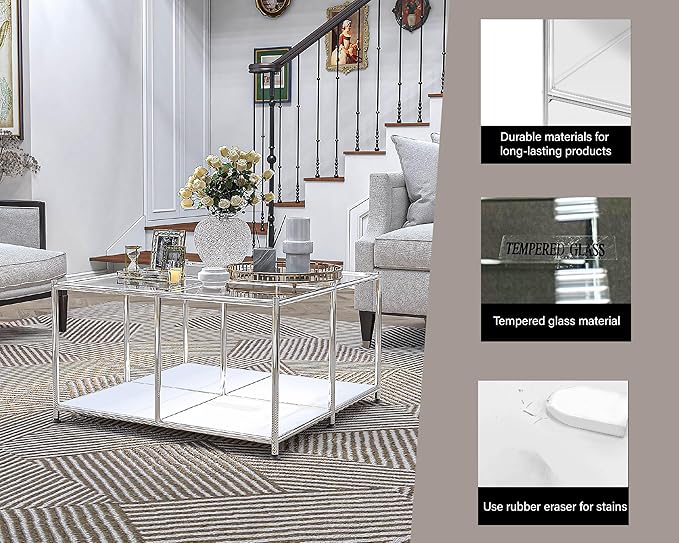 Matte Coffee Table with Open Storage, Square Tempered Glass Storage Rolling Coffee Table, Modern Design for Living Room, Meeting Room (White)