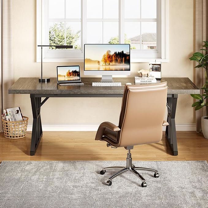 LITTLE TREE 70.8-Inch Large Executive Desk, Extra Long Computer Office Desk Workstation, Modern Simple Style Laptop Table, Sturdy Wooden Writing Workstation for Home Black Oak