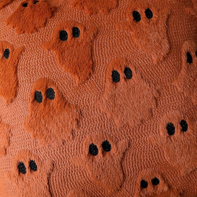 4TH Emotion Halloween Ghost Decorative Pillow Covers 18x18 Set of 2, Rust Red Soft Plush Faux Fur Farmhouse Throw Cushion Cases for Fall Autumn Holiday Home Decorations