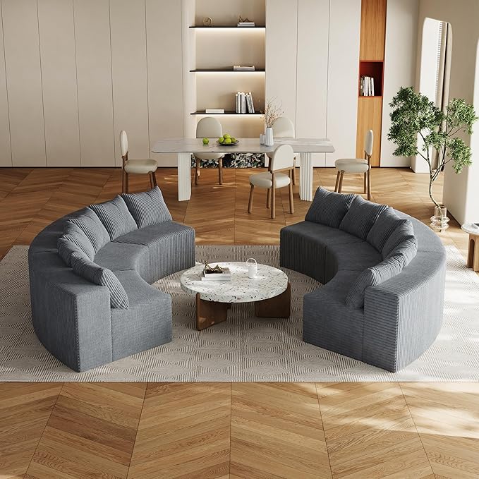 KEIKI Corduroy Curved Sectional Sofa, 6 Seater Symmetrical Modular Semi Circular Couch, Tufted Deep Seat Corner Sofa for Living Room, Lobby, Gray