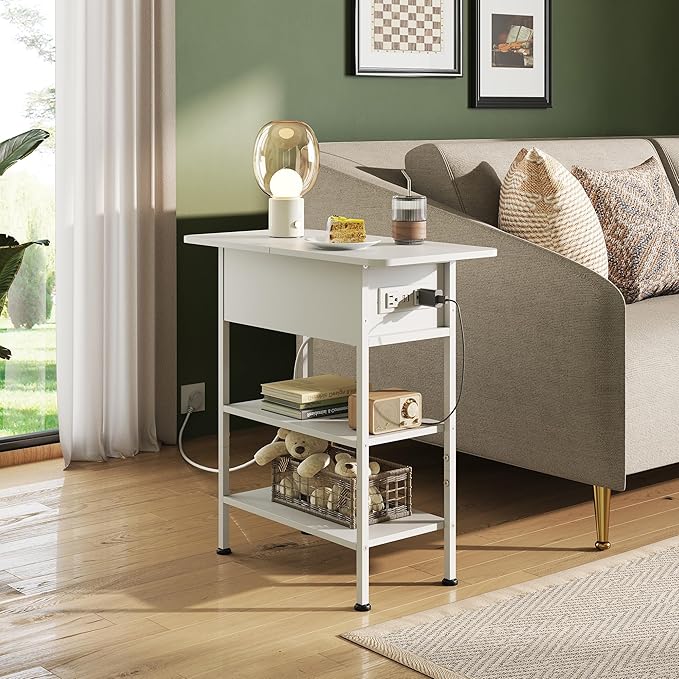 WLIVE End Table with Charging Station, Flip Top Side Table with Storage Shelf, Narrow Bedside Table for Living Room, Sofa Couch Table with USB Ports and Outlets, Bedroom Nightstand, White