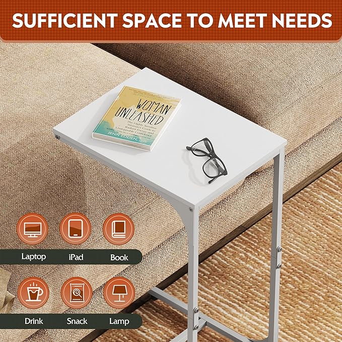 WLIVE C-Shaped End Table Set of 2, Small Couch Side Tables with Metal Frame, Sofa Table TV Tray for Living Room, Bedroom, White