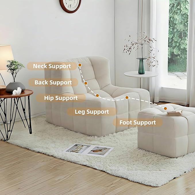 Bean Bag Chair - Memory Foam Bean Bag Chair for Adults, Comfy High-Resilience Single Sofa, Small Space Floor Chair, Chaise Lounge for Living Room, Bedroom (Beige, Square + Ottoman)
