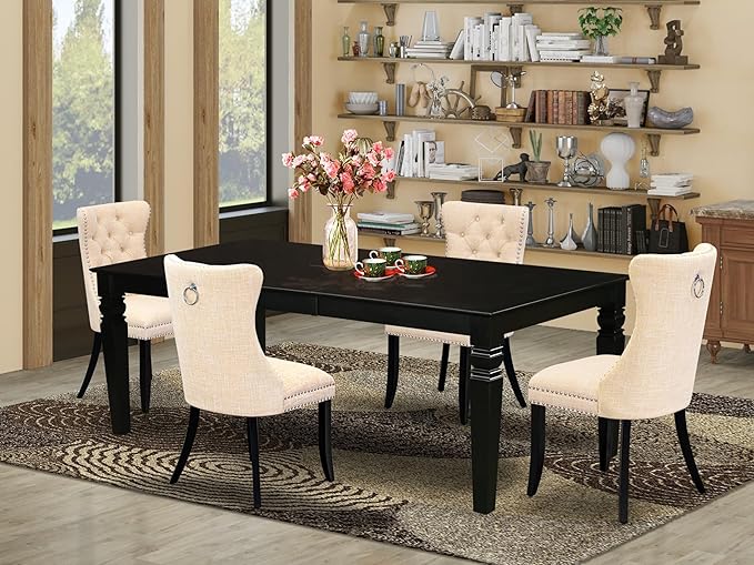 East West Furniture LGDA5-BLK-32 5 Piece Dining Set Contains a Rectangle Wooden Table with Butterfly Leaf and 4 Polyester Fabric Upholstered Chairs, 42x84 Inch, Black
