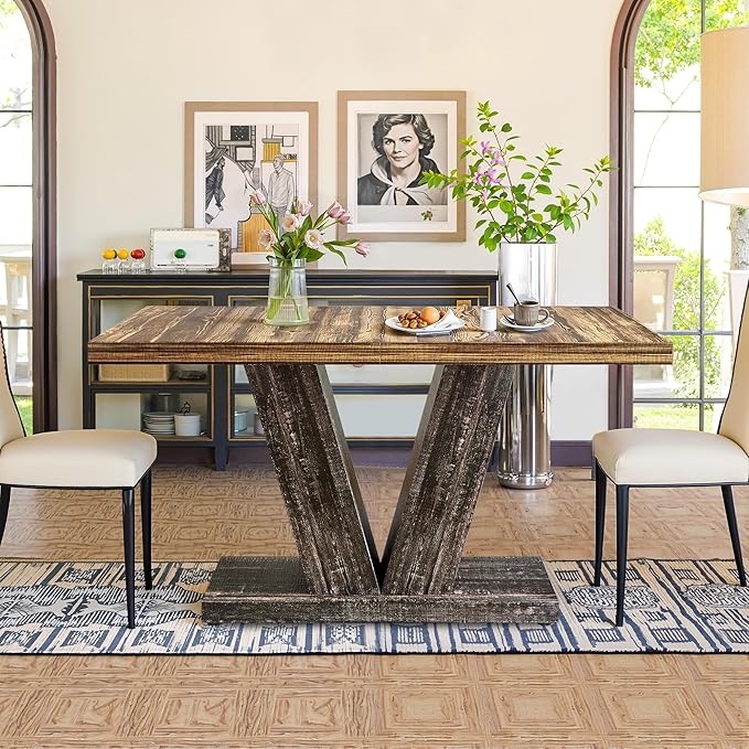 47 Inch Dining Table for 4, Farmhouse Dinner Table Wooden Kitchen Tables with Heavy Duty Pedestal for Dining Room, Kitchen, Living Room, Brown & Black
