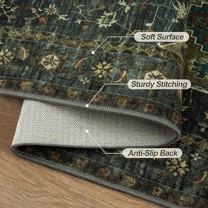 Tangsoo Washable Entryway Rugs Vintage Olive Green Rug 2x3 Non Slip Small Area Rug, Front Door Boho Rugs, Print Distressed Door Mat Indoor Entrance Soft Low Pile Throw Rug for Entry Kitchen Bedroom