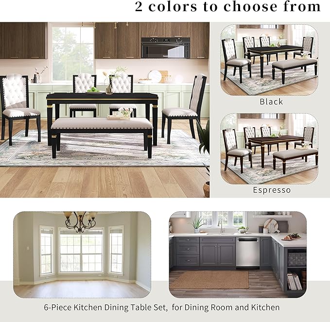 Ball & Cast Dining Table Set for 6,Kitchen Table W/ 4 High-Back Tufted Chairs & 1 Bench,6 Piece Dining Room Table Set W/ 60" Rectangular Table,for Kitchen, Living Room,Black