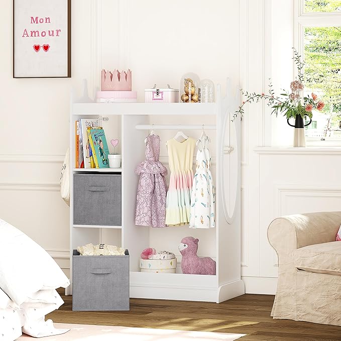UTEX Kids Play Armoire with Mirror, Storage Bins and Closet for Dress Up and Costumes (White)