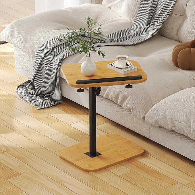 Sofa Couch Arm Table Tv Tray Small Bed Stand C Shaped Side End Tables for Living Room, Bedroom, Natural