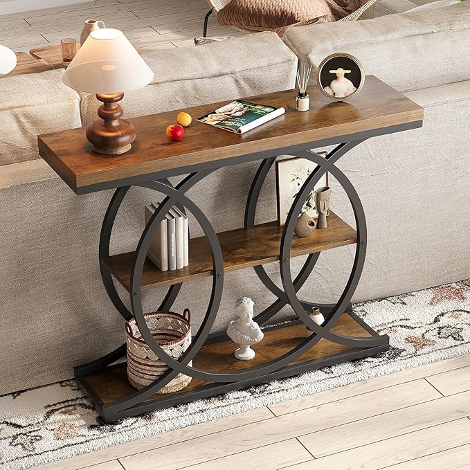 GiftGo Narrow Console Table for Entryway Industrial 3-Tier Sofa Table Behind Couch with Circle Base Wooden Accent Wall Tables with Storage Shelves for Living Room, Hallway, Foyer (Rustic Brown)