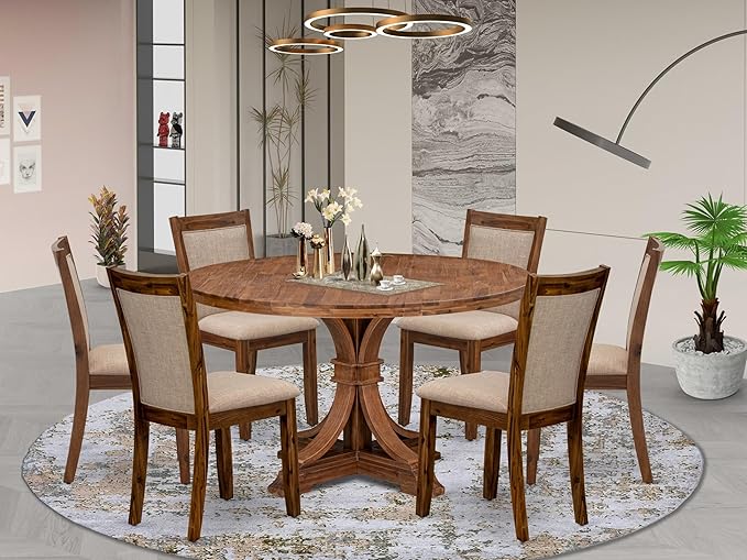 I7MZ7-50N-04 7-Pc Dining Set consists of a Pedestal Dining Table and 6 Light Tan Polyester Fabric Dining Chairs with Padded Back - Antique Walnut Finish
