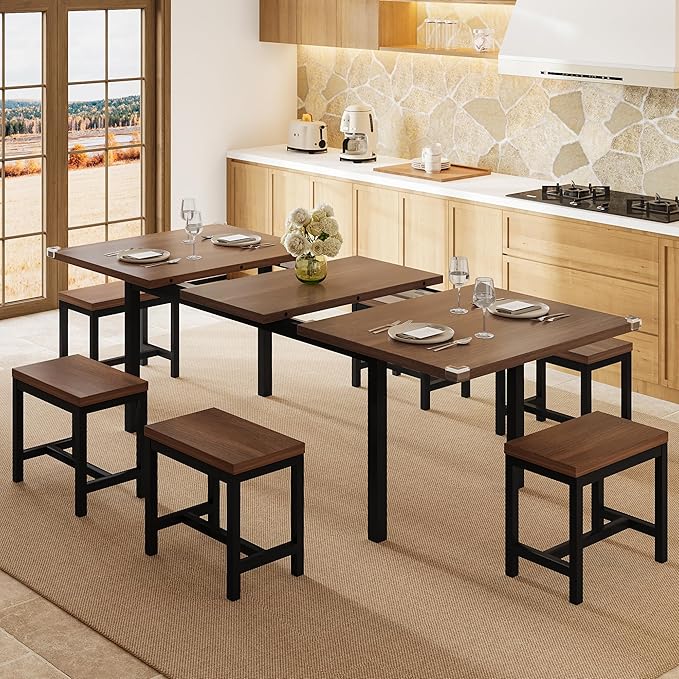 7-Piece Dining Table Set, 63" Extendable Kitchen Room Table with 6 Stools, Mid Century Modern Dinner Table with Metal Frame & MDF Board, Space-Saving, Easy Assembly, Walnut