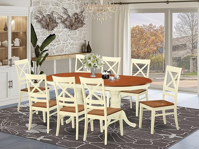 East West Furniture PLQU9-WHI-W 9 Piece Dining Room Furniture Set Includes an Oval Kitchen Table with Butterfly Leaf and 8 Dining Chairs, 42x78 Inch, Buttermilk & Cherry