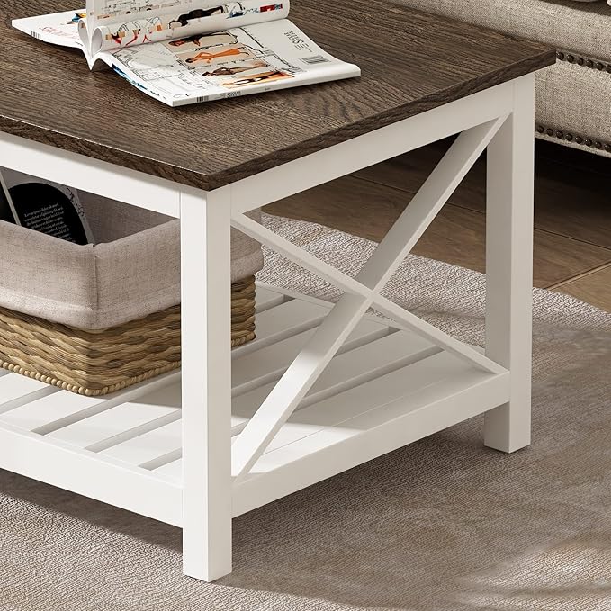 ChooChoo Coffee Table, Rustic Farmhouse Table with Shelf for Living Room, Vintage Finish White
