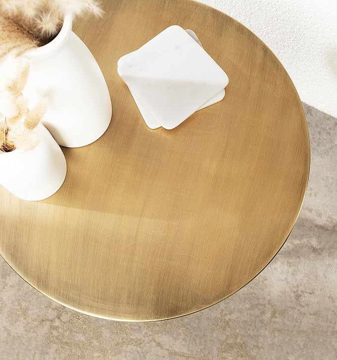Kate and Laurel Aja Modern Metal Round Side Table; 15 x 15 x 23; Antique Brass; Decorative Geometric Nightstand with Circular Tabletop and Unique Slanted Legs
