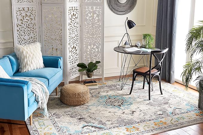 SAFAVIEH Monaco Collection Accent Rug - 4' x 5'7", Grey & Light Blue, Medallion Distressed Design, Non-Shedding & Easy Care, Ideal for High Traffic Areas in Entryway, Living Room, Bedroom (MNC243G)