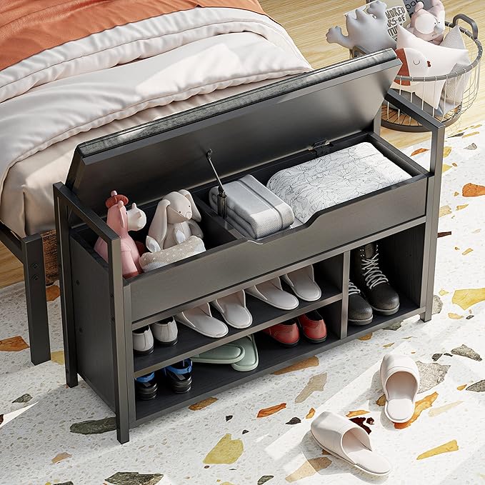 IRONCK Shoe Storage Bench, Entryway Bench with Lift Top Storage Box, Metal and Board Bench for Entryway, Two Tier Shoe Rack Organizer for Entryway, Bedroom, Hallway, Black