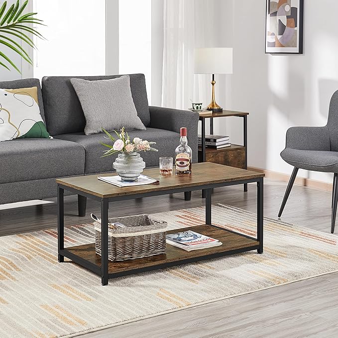 Yaheetech 2-Tier Coffee Table, Industrial Wood Coffee Table with Storage Shelf for Living Room, Rectangle Side End Table with Metal Frame, Rustic Brown