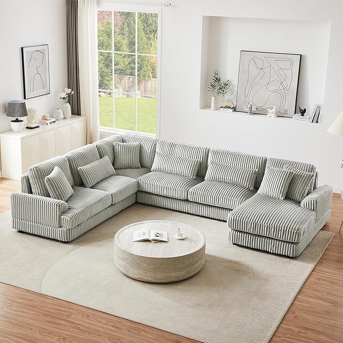 129" Oversized U Shaped Modular Sectional Sofa Couch for Living Room 7 Seater Plush Corduroy Upholstered Large Sofa Deep Seat Cloud Couch with Extra Wide Chaise Lounge and Detachable Thick Cushions