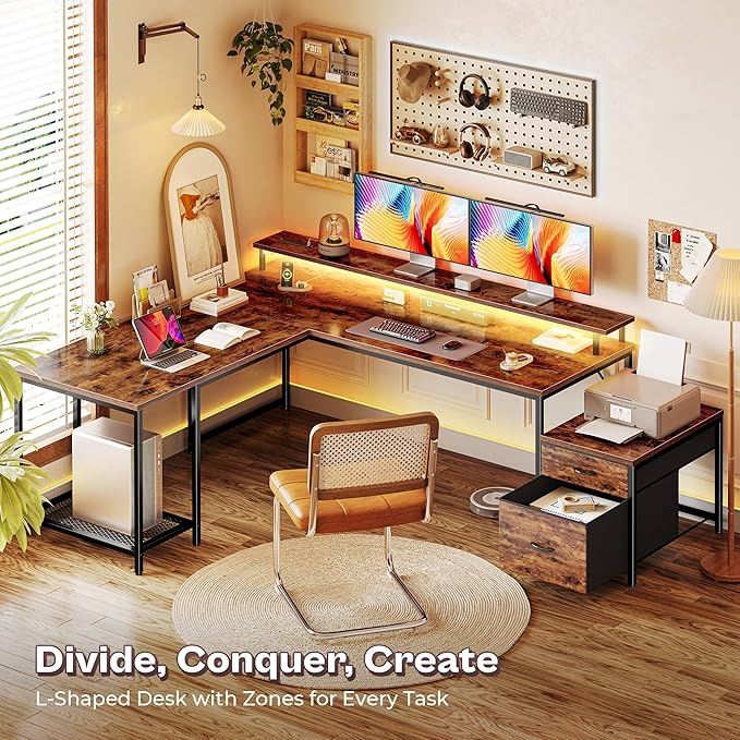 PRAISUN 66 Inch L Shaped Computer Desk with Power Outlets and LED Lights, Home Office Desk with Fabric Drawers and Print Stand, L Shape or Long Set up, Monitor Stand, Mesh CPU Stand, Rustic Brown