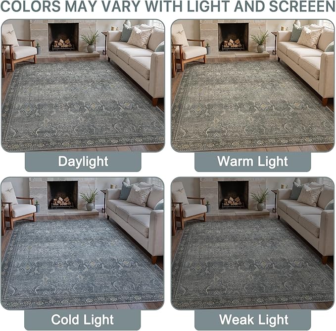 8X10 Area Rugs Machine Washable Rugs for Living Room, Vintage Boho Large Rugs for Bedroom Dining Room, Non Slip Indoor Soft Distressed Lightweight Thin Low Pile Carpet, Slate Grey