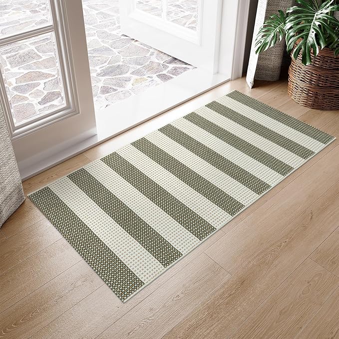 OJIA Striped Rug 24"x51" Washable Fall Front Door Mat Halloween Doormat Woven Entry Rug Cotton Indoor Outdoor Rug Small Checkered Rugs for Porch Kitchen Entryway Patio Bathroom (Green/White/Tan)