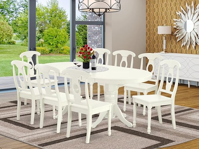 East West Furniture VAKE9-LWH-W 9 Piece Dining Set Includes an Oval Dining Table with Butterfly Leaf and 8 Kitchen Chairs, 40x76 Inch, Linen White
