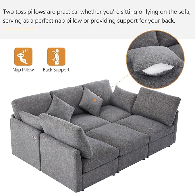 Ball & Cast Oversize Modular Sectional Sofa,85.4" 5-Seater Couch with USB Ports and 9 Pillows,Chenille Upholstered Convertible Sleeper Sofabed w/Movable Ottoman,for Living Room,Grey