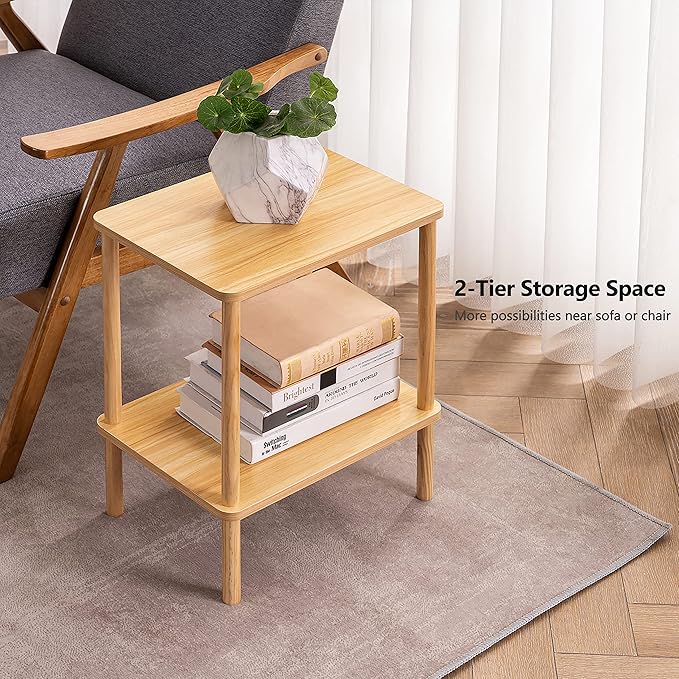 Apicizon 2 Tier End Table Set of 2, Small Side Table with Solid Wood Legs, Boho Bedside Table with Storage Shelf, Nightstand for Small Spaces, Bedroom, Living Room, Entryway, Easy Assembly, Natural