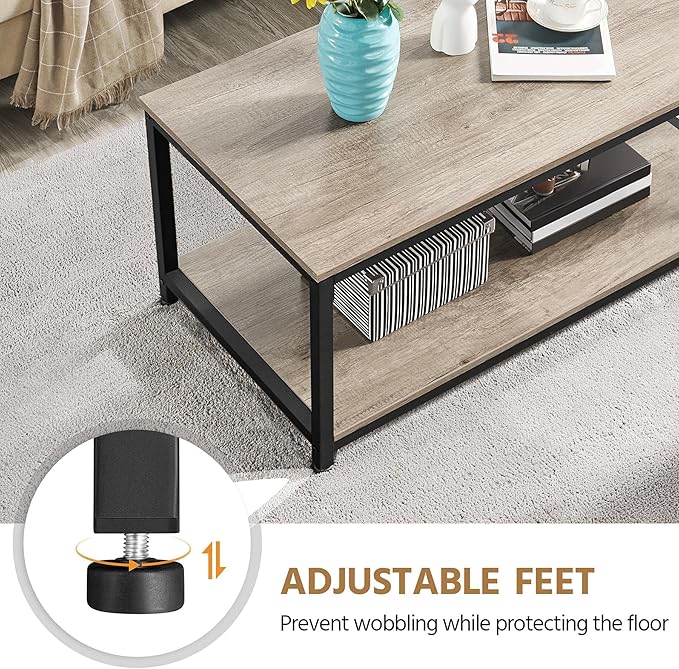 Yaheetech 39.5" 2-Tier Coffee Table with Storage Shelve, Industrial Gray Coffee Table, Easy Assembly, Wooden Center Tables for Living Room & Small Space, Gray