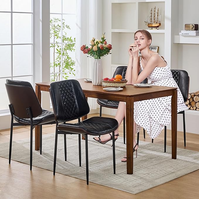 Dining Chairs Set of 6, Upholstered PU Leather Armless Chair, Mid Century Modern Dining Room Chairs, Retro Walnut Bentwood Kitchen Chair with Metal Legs and Adjustable Feet, Black