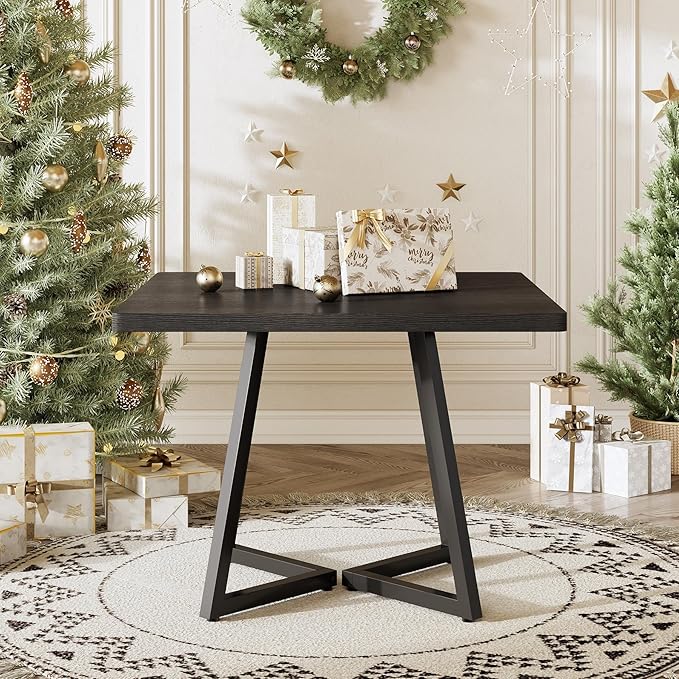 LITTLE TREE 31.5 Inches Small Dining Table for 4, Square Dinner Table for Small Space, Dining Room Tables, Black Wooden Kitchen Table with Metal Legs, Modern Leisure Cafe Table for Apartment
