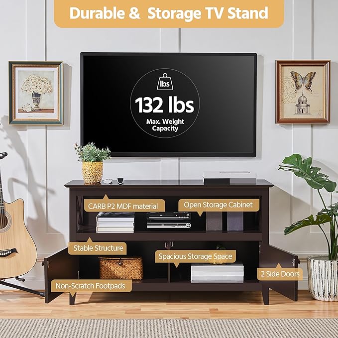 Yaheetech Wooden TV Stand for TVs Up to 48 inch, Media Entertainment Center Table, TV Cabinet Table with Storage Open Shelf & 2 Doors for Living Room, Espresso